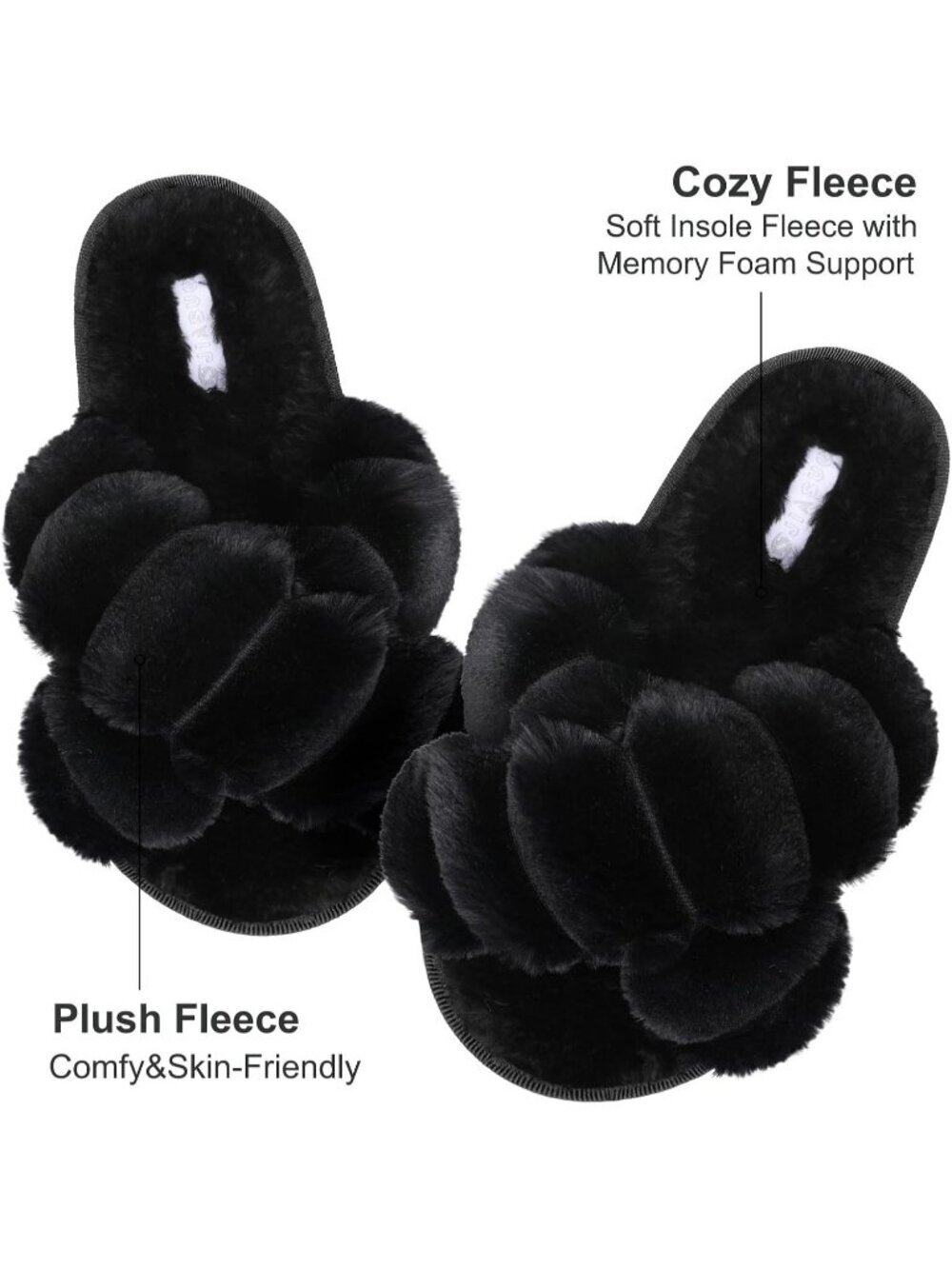 Women's Black Twist Fuzzy Fluffy House Criss Cross Furry Open Toe Slipper Shoes - Picture 3 of 6
